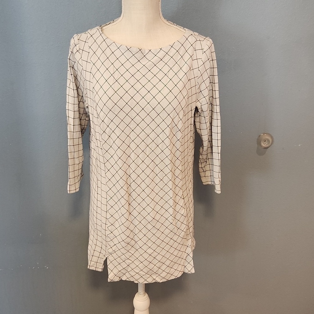 JJill Ponte window pane plaid Tea Length 3/4 Sleeve Sweater Dress Preppy